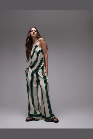 Topshop Co-ord mid-rise deep cuff satin trouser in beige with burgundy and teal stripe