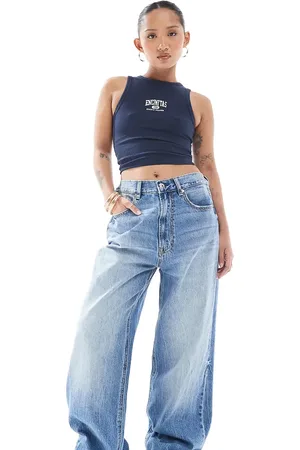 Stradivarius Petite D88 denim baggy jean in mid wash
