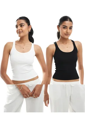Bershka 2 pack scoop neck ribbed tank top in white and black