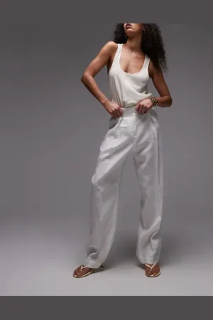 ARKET Linen tailored straight leg trousers with pressed crease in