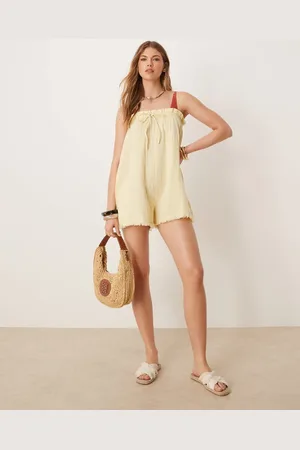 ASOS Callie cheesecloth frayed bandeau playsuit in buttermilk