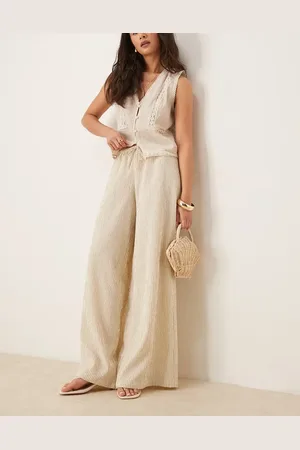 Stradivarius Linen look wide leg trouser in beige stripe