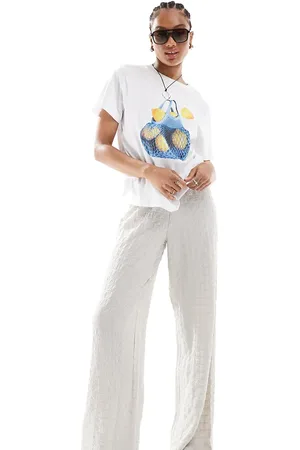 ONLY Seersucker wide leg trousers in stone