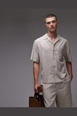 Topman Short sleeve mid weight beige check shirt