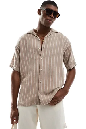 JACK & JONES Revere collar textured stripe short sleeve shirt in beige