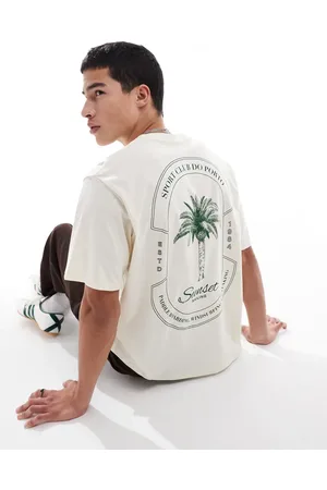 JACK & JONES Oversized t-shirt with palm print in beige