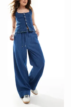 New Look Denim pull on wide leg trousers in mid