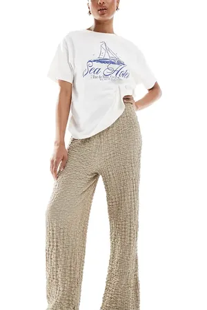 ONLY Textured wide leg trousers in beige