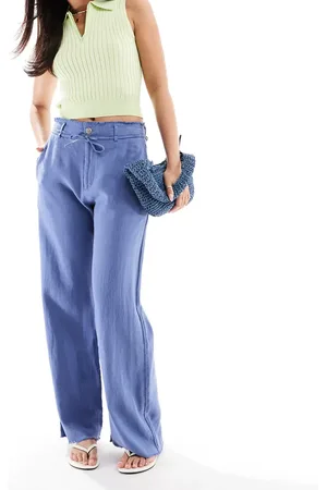 Pull&Bear Linen blend wide leg trouser with raw hem in