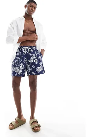 Ralph Lauren Traveler icon logo 2 tone bear print swim shorts classic fit in dark blue