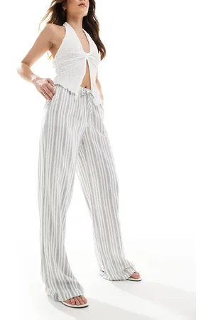 Stradivarius Linen look pull on crinkle trouser in stripe