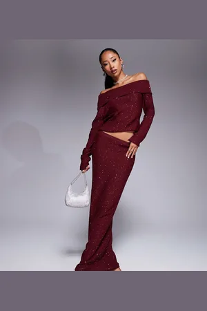 Kaiia Exclusive x Sasha Corte exclusive sequin knitted maxi skirt co-ord in burgundy