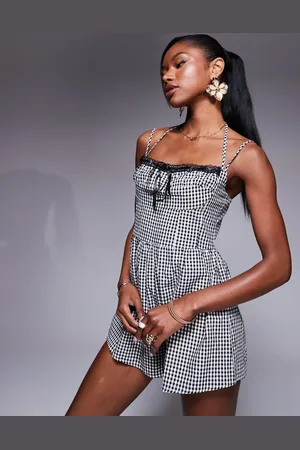 Princess Polly Lace trim halterneck bust detail playsuit in black and white gingham