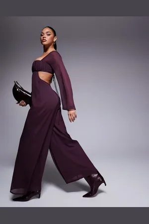 ASOS Satin corset bust wide leg jumpsuit with cut out in berry