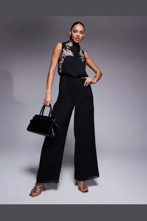 ASOS Cowl neck embroidered wide leg jumpsuit in