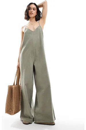 ASOS Soft denim jumpsuit in khaki