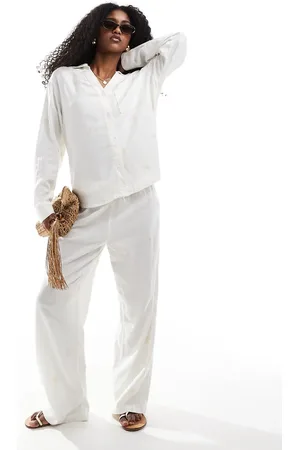 ONLY Linen embroidered wide leg pull on trousers co-ord in