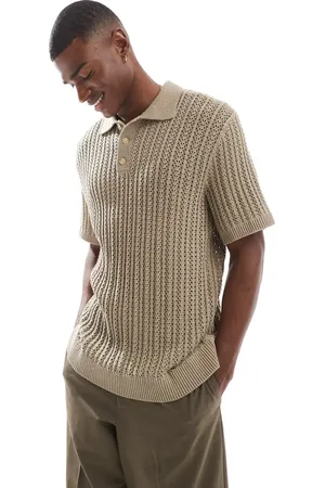 JACK & JONES Premium crochet knitted polo shirt in tan