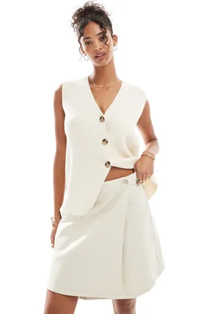 Pieces® Wrap front twill mini skirt in fog cream