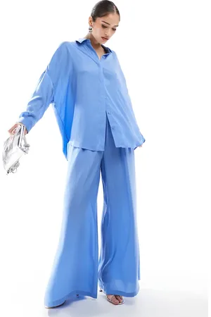 French Connection Satin wide leg trouser co-ord in cornflower