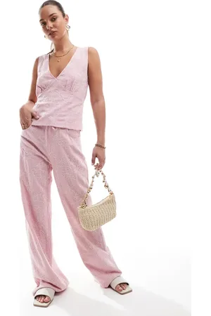 Stradivarius Co-ord linen look embroidery detail trouser in