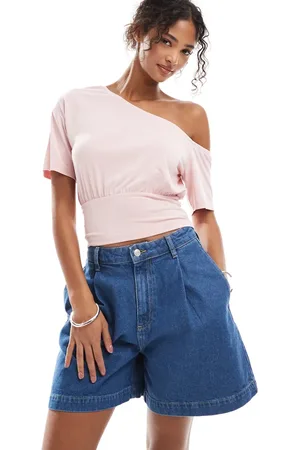 ASOS Pleated denim dad short in mid wash