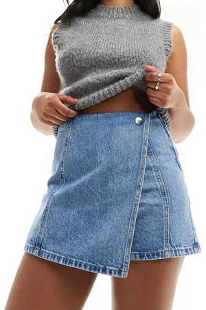 Stradivarius Denim wrap skort in medium wash