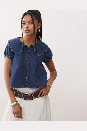 Reclaimed Puffball sleeve peter pan collar blouse in denim