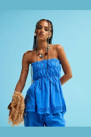 SNDYS Linen blend poplin ruched bandeau longline flower applique top in bright