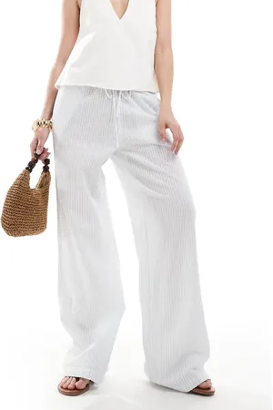 Monki Wide leg drawstring seersucker trousers in and white stripe