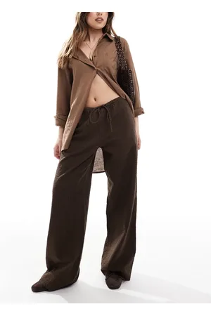 Monki Wide leg drawstring seersucker trousers in