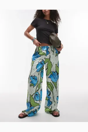 Topshop And blue floral pull on satin wide leg trouser in