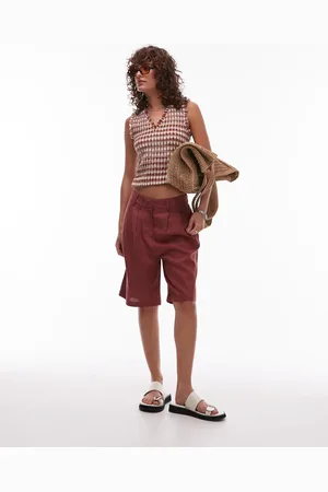 Topshop Linen longline short in burgundy