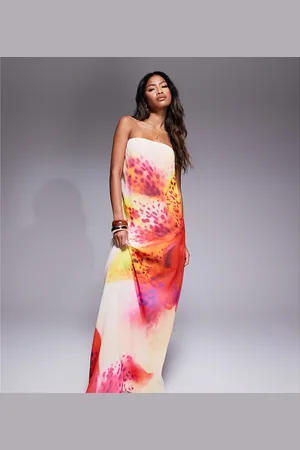 Murci Exclusive chiffon bandeau trapeze maxi dress in off flower print