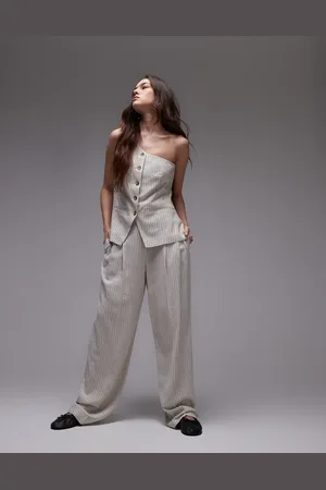 Topshop Co ord linen stripe wide leg trouser in cream