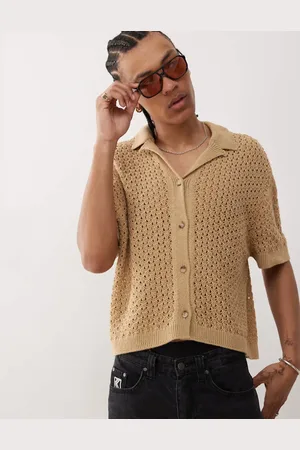 Reclaimed Crochet knitted resort shirt in tan