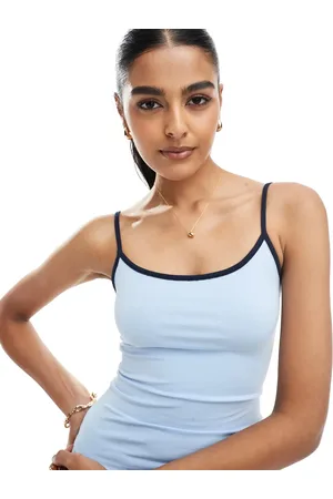 Bershka Contrast trim scoop neck top in and navy