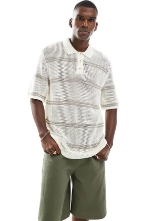 JACK & JONES Crochet knit polo in cream