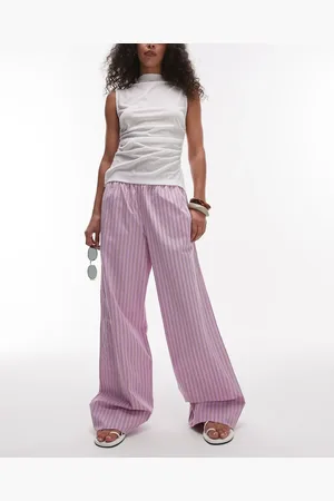 ARKET Poplin straight leg trousers with pull-on waist in lilac stripes