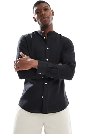 Only & Sons Linen mix grandad collar shirt in black