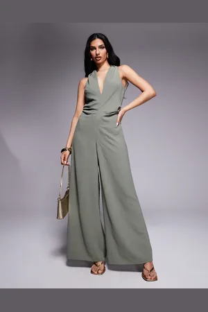 ASOS Ruched waist detail v neck jumpsuit in khaki