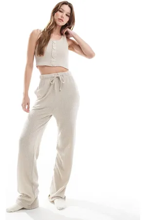 Brave Soul Waffle soft touch cropped vest and trouser lounge set in beige