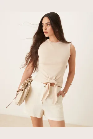 JDY Front tie high neck knitted tank top in beige