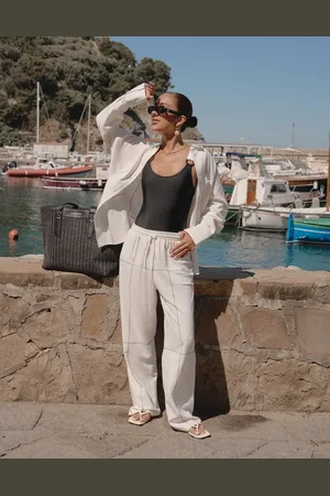 4th & Reckless X Luana Barron genevive black embroidery beach trouser co-ord in off