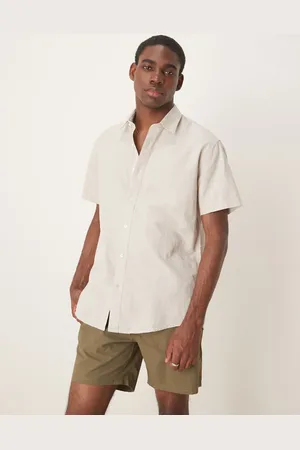 SELECTED Long sleeve grandad collar linen blend shirt in cream