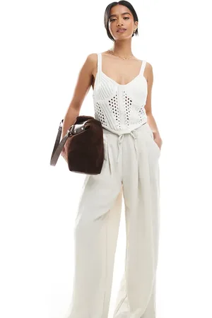 Stradivarius Petite wide leg pull trouser in beige