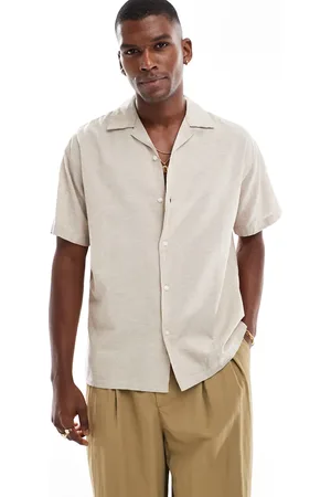 JACK & JONES Revere collar linen shirt in beige