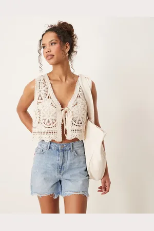 JDY Tie front crochet vest in cream