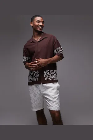 Topman Oversized fit textured button through jersey shirt with geo cord embroidery in
