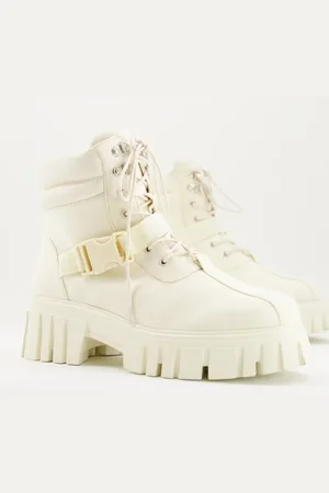 Public Desire Man kash lace up buckle hiker boots in cream